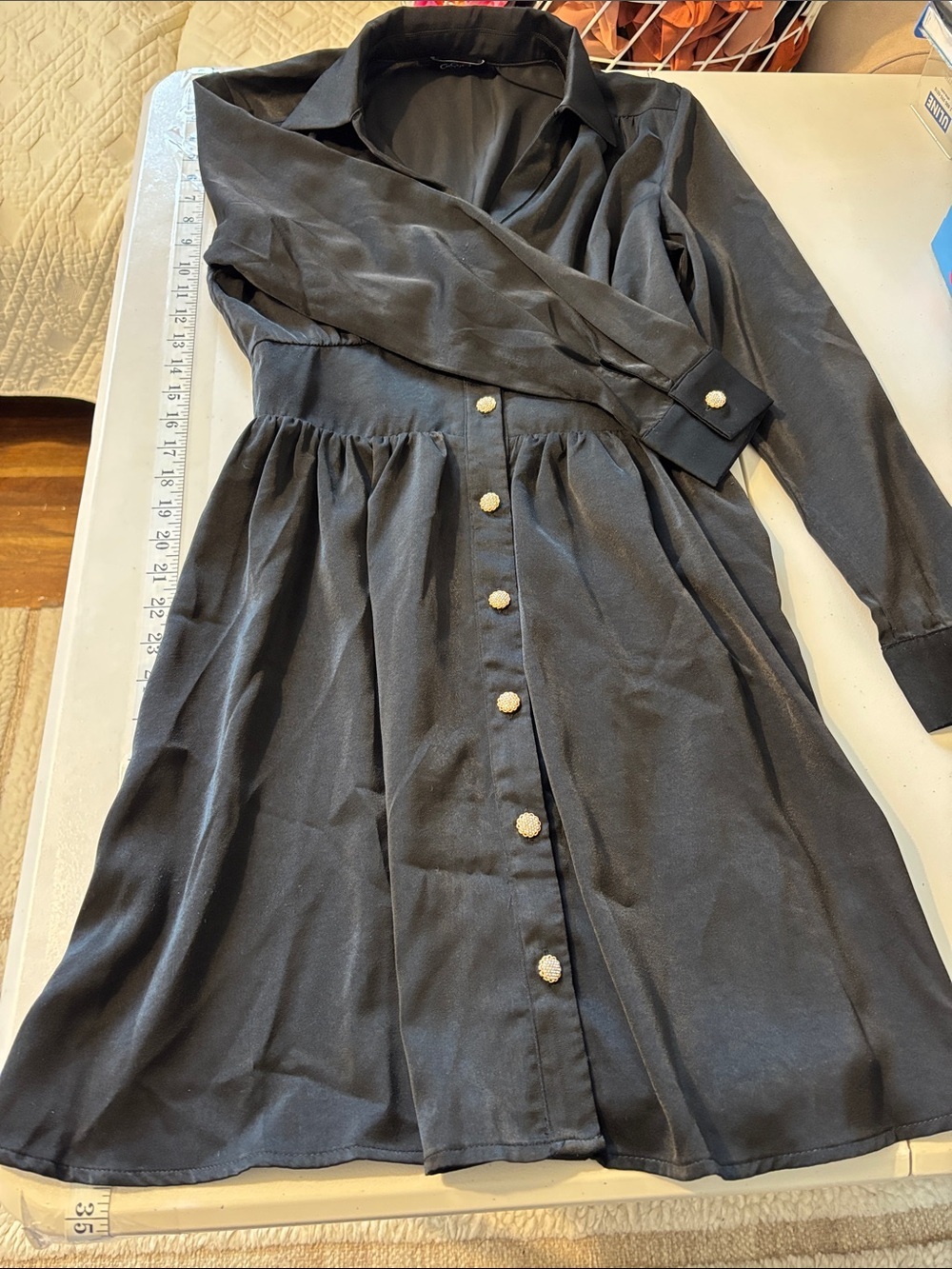 Black Babydoll Midi Satin Dress Long Sleeve Dress Size Small Dark Cottagecore - Picture 12 of 12